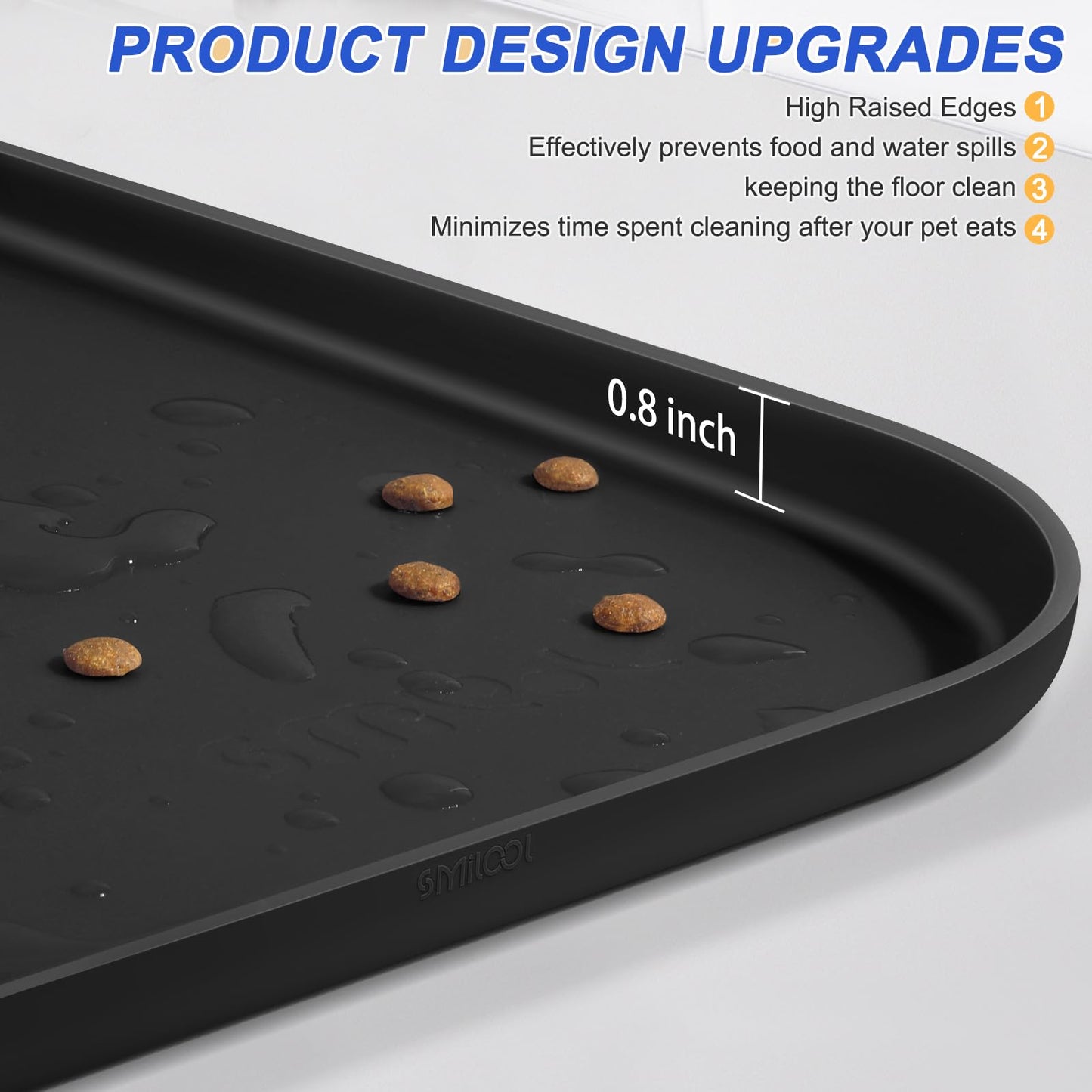 SMILOOL Silicone Pet Food Mat with Raised Edge for Food and Water Bowl, Dog Feeding Mats, Cat Food Trays for Floor Waterproof, Rubber Tray for Dogs and Cats, 24 x 16 x 0.8 Black