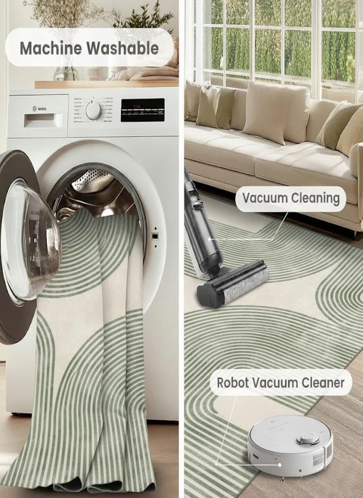 ERYATOU 5x7 Area Rug for Living Room, Green and Beige Modern Geometric Arch Stripe Rug, Machine Washable Non-Slip Low Pile Faux Cashmere Carpet for Bedroom, Dining Room, Home Office