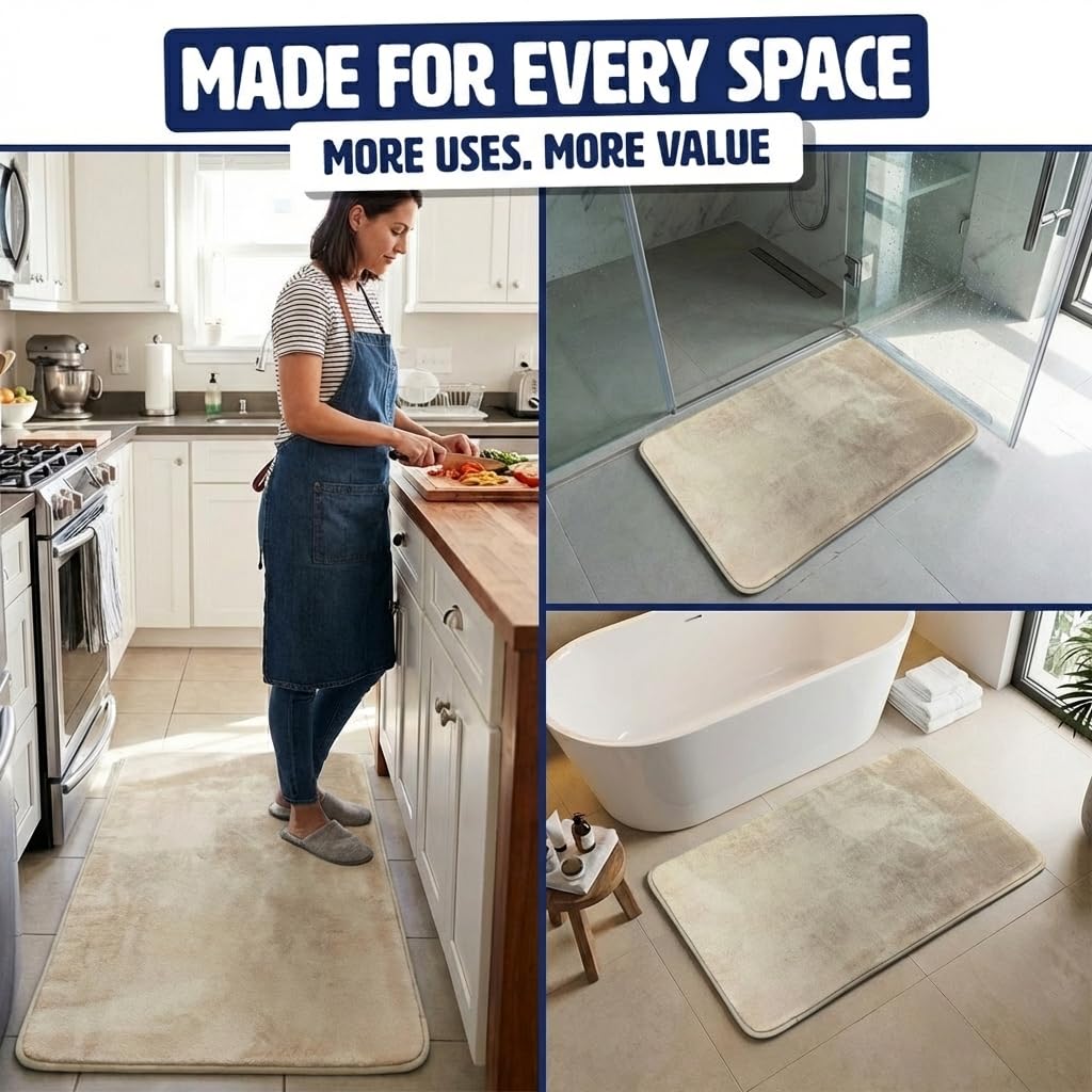 Muddy Mat® Memory Foam Bath Mat – Velvet Soft Non Slip Bathroom Rugs, Thick Absorbent Bath Rugs, Washable Bath Mat for Bathroom Floor and Shower, Beige 18" x 28"