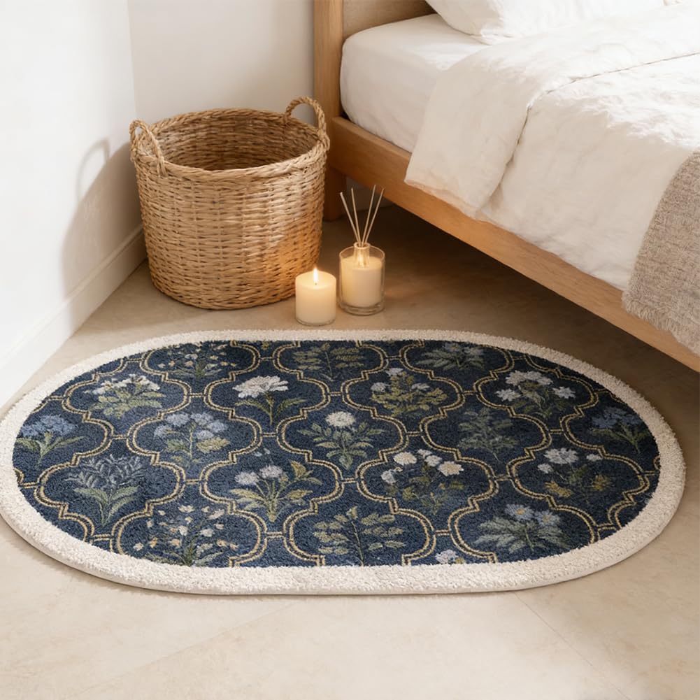 gdmgdr Spring Floral Bathroom Rug 32" x 20" Wild Flowers Bathroom Mat Boho Floral Bath Rug (Oval, Blue)