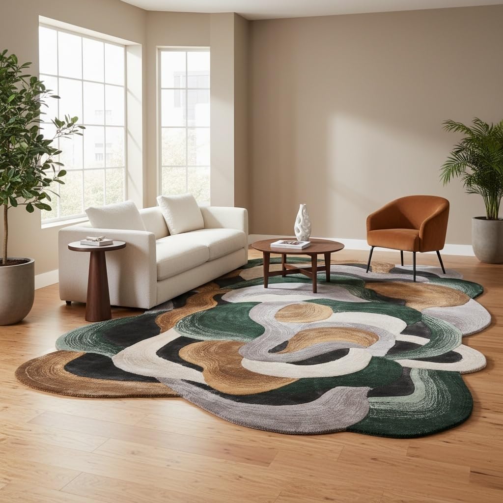 5x7 Irregular Shaped Area Rug for Living Room Bedroom Guestroom Indoor Throw Rugs Modern Abstract Art Meetingroom Home Office Lightweight Stain Resistant Floor Carpet Emerald Green Brown Gray