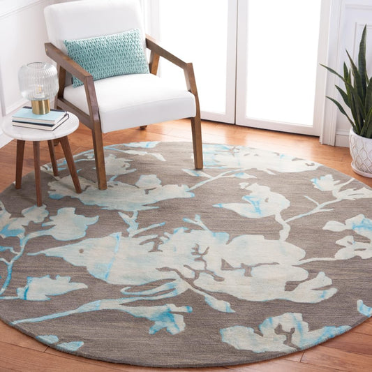 SAFAVIEH Dip Dye Collection 7' Round Grey / Turquoise DDY716L Handmade Floral Watercolor Premium Wool Area Rug