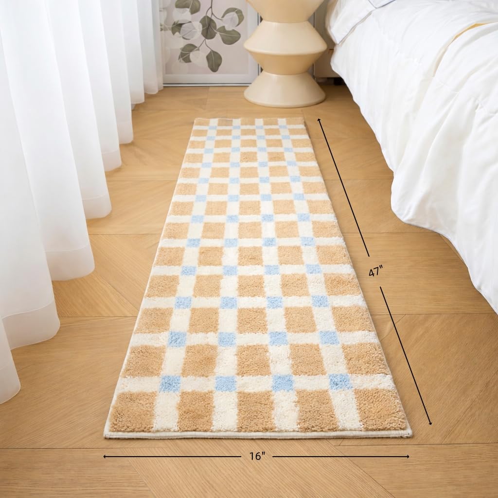 GIB Bathroom Runner Rug Mat 47" x 16", Extra Soft Absorbent Plush Fluffy Bath Rugs, Non-Slip Washable Bath Mats for Bathroom Floor Shower Bedroom Decor, Warm Beige Cream Checkered with Blue Accents