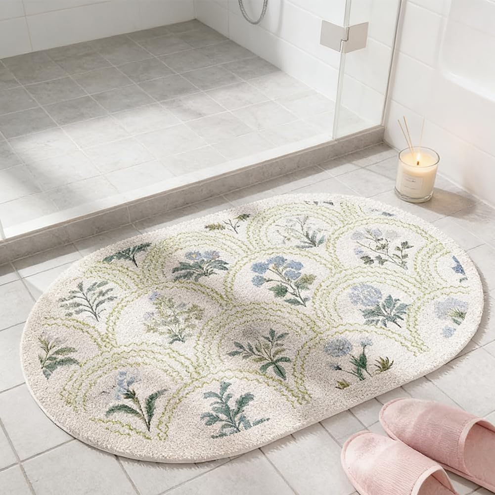 gdmgdr Spring Floral Bathroom Rug 32" x 20" Wild Flowers Bathroom Mat Boho Floral Bath Rug (Oval, Green)