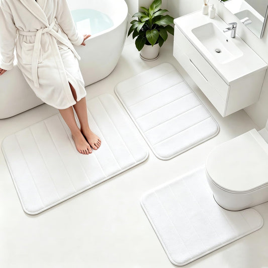 Flotstiga Memory Foam Bath Mat Set 3 Piece，Super Soft Absorbent Bathroom Rug Non Slip, Quick Dry,Machine Wash, Perfect Plush Bathroom Rugs,Home Decor Accessories,White