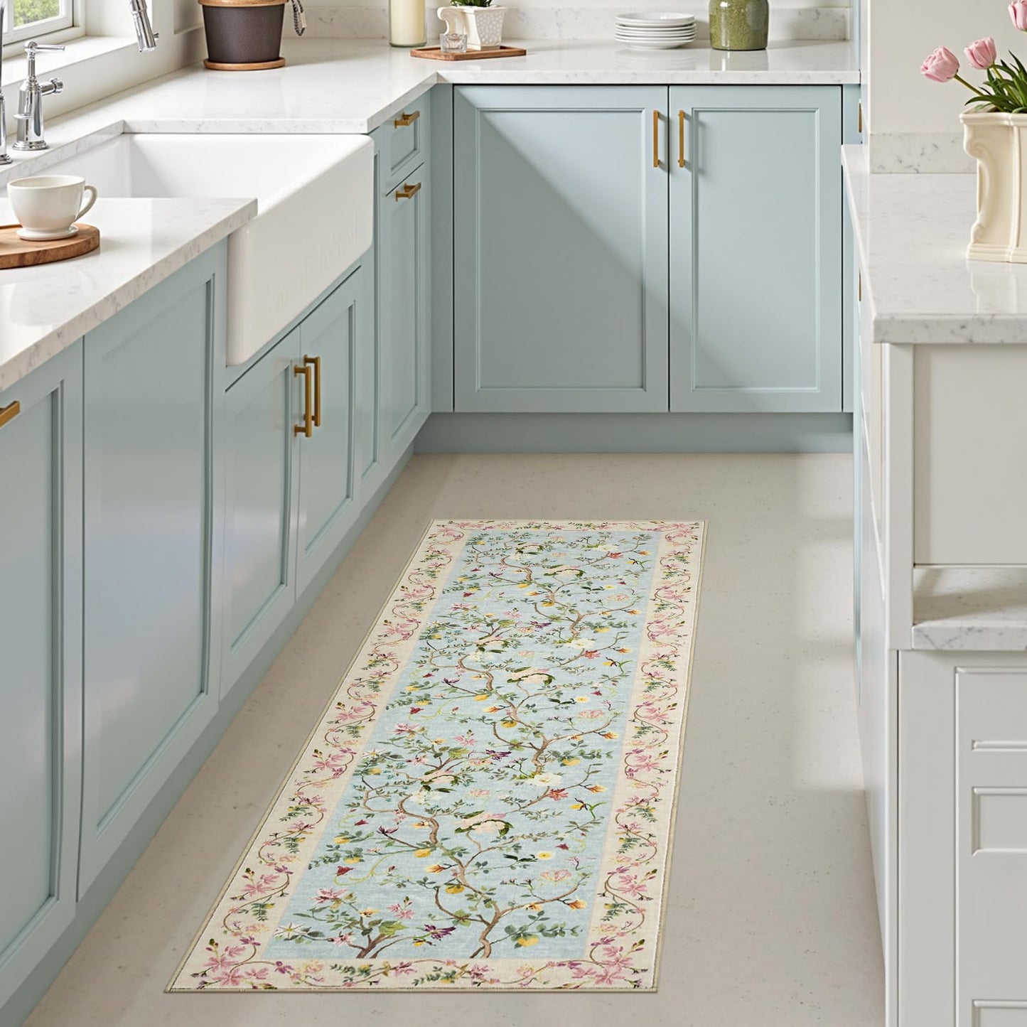 jinchan Floraison Floral Runner Rug 2x5 Machine Washable Kitchen Runner Non Slip Soft Low Pile Hallway Rug Boho Stain Resistant Carpet for Laundry Living Room Bedroom Blue/Pink
