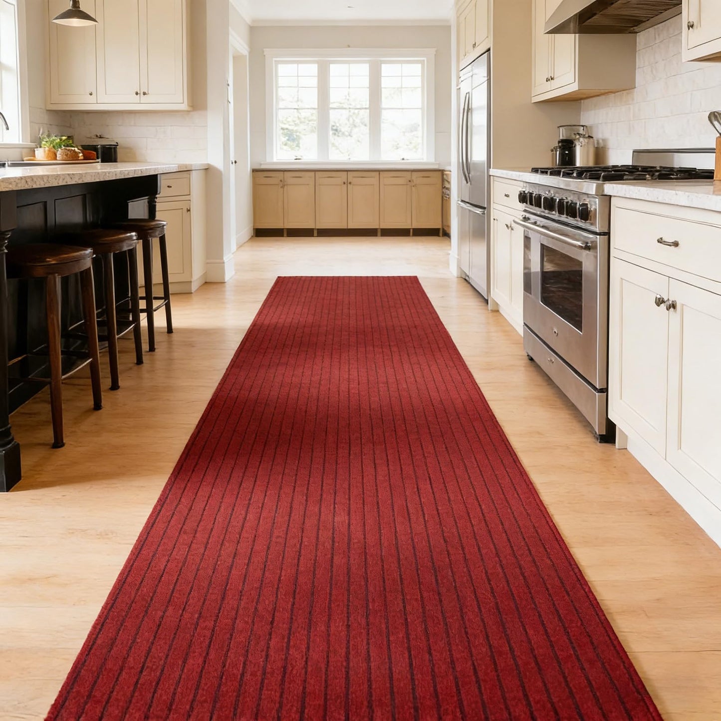 Stripe Runner Rug 3 x 15 ft Indoor Outdoor, Burgundy Non Slip Rubber Backing, Waterproof Low Profile Area Runner for Hallway, Entryway, Kitchen, Patio, Garage, Stairs & Laundry