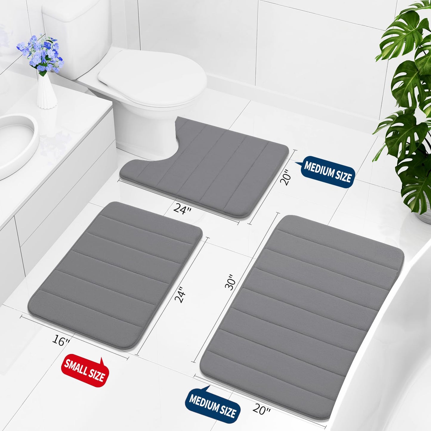 Buganda Memory Foam Bath Mat, 47" x 32", Ultra Soft and Non-Slip Bathroom Rugs, Water Absorbent and Machine Washable Bath Rug Runner for Bathroom, Shower, and Tub, Grey