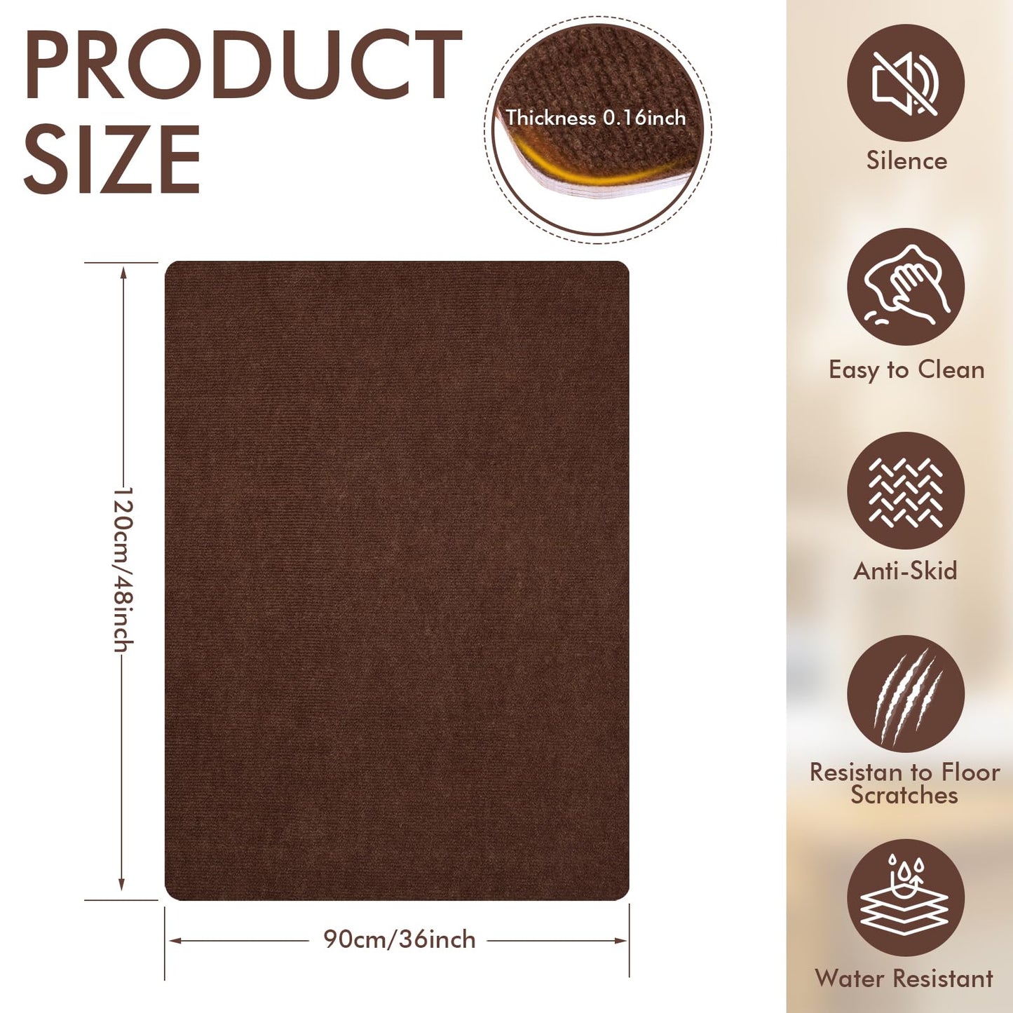 Office Chair Mat for Hardwood Floor, Anti-Slip Chair Mat for Gaming and Computer Desks, Large Floor Protector for Rolling Chair, Easy to Clean, 48"x36", Brown