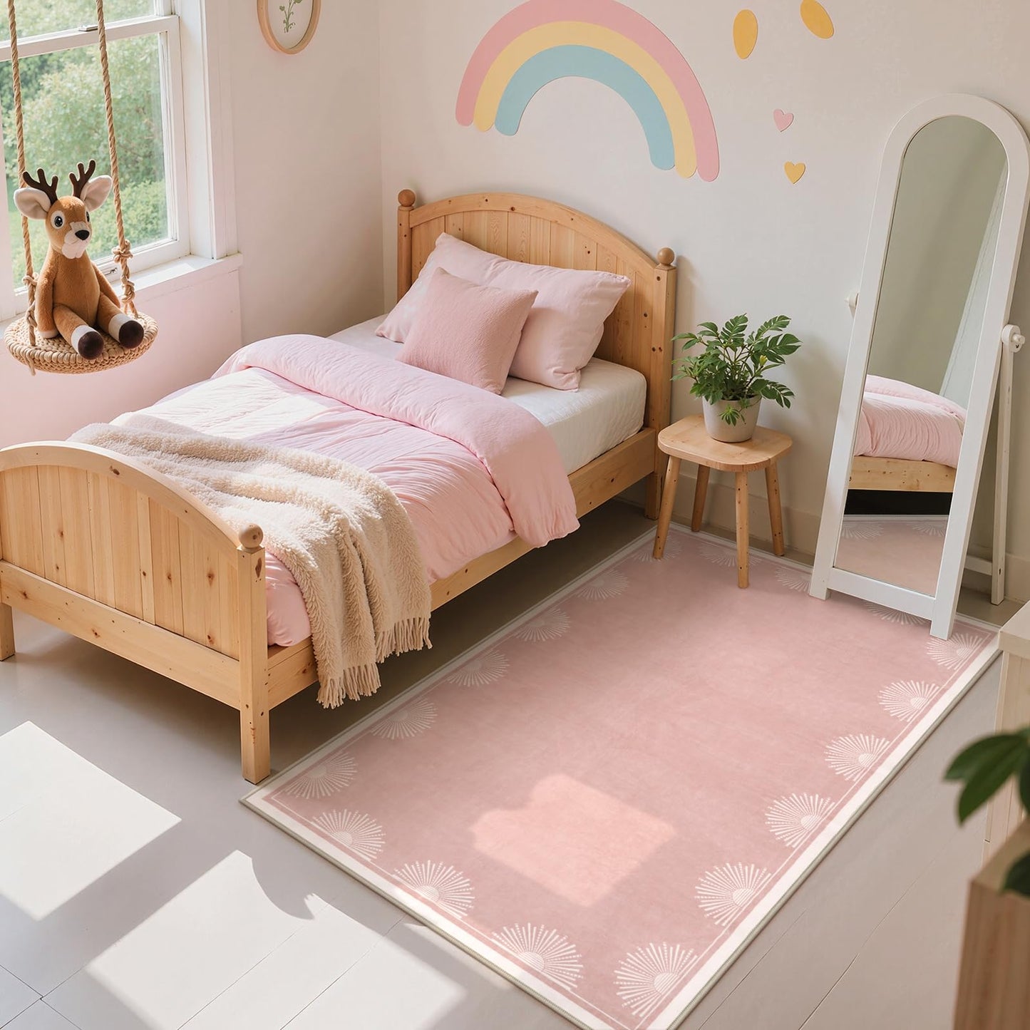 Hedlive Modern 3x5 Pink Rugs for Bedroom Girls,Ultra Thin Nursery Rug for Girls Room, Sun Printed Non Slip Washable Area Rug,Soft Non Shedding Throw Carpet for Playroom Classroom(3'x5',Pink)