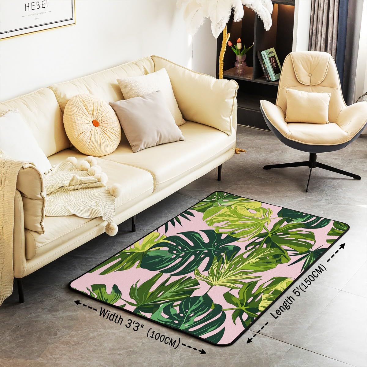 jejeloiu Palm Leaf Area Rug 4x5 Hawaiian Tropical Leaves Living Room Rugs Ultra Soft Machine Washable Pink Green Rugs for Living Room Bedroom Indoor Floor Mat