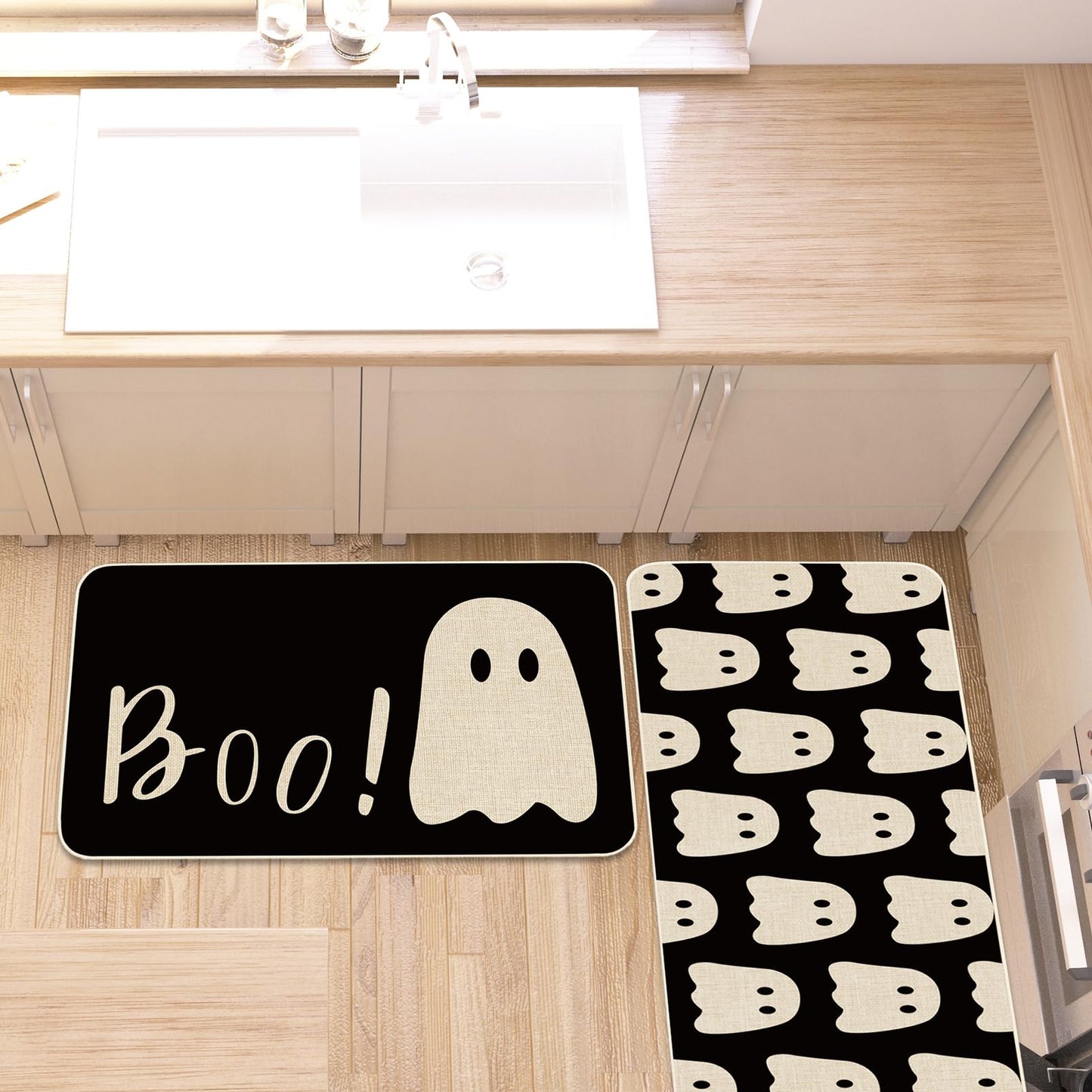 FYSUIMU Halloween Ghost Kitchen Rugs Set of 2 Black Ghost Boo Kitchen Floor Mat Non-Slip Spooky Bathroom Rugs Cute Halloween Kitchen Decor for Party Home, 17 x 29 Inch & 17 x 47 Inch