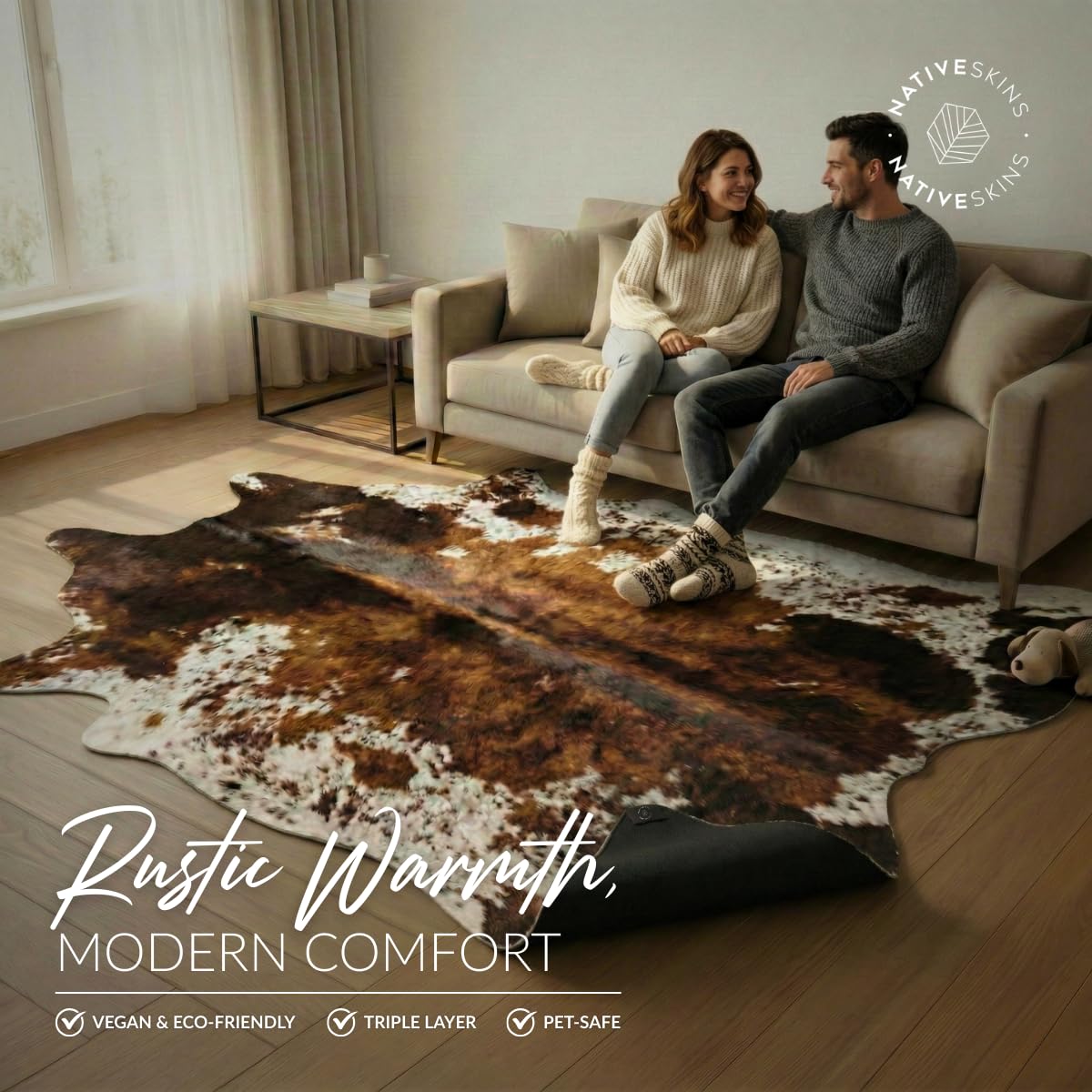 NativeSkins Faux Cowhide Rug 4'3" x 5'7" – Brown Cow Print Area Rug for Living Room & Bedroom – Non-Shedding, Flat-Lay, Pet-Friendly – Faux Suede Grip Backing – Vegan Western Farmhouse Decor