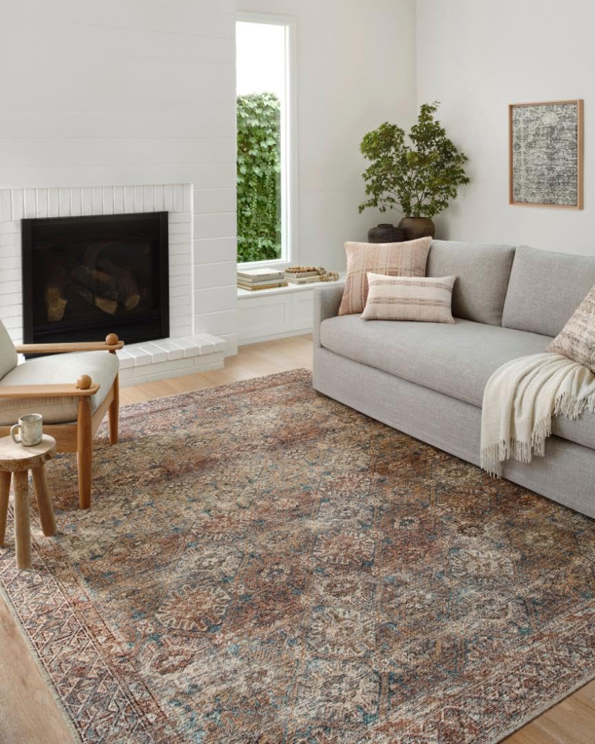 Loloi Amber Lewis Billie Collection, Aqua & Rust 2'-6" x 7'-6" Area Rug – Antique & Distressed Accent Rugs for Living Room, Bedroom, Entryway & Hallway, No Shed High Traffic Area Home Decor Rug