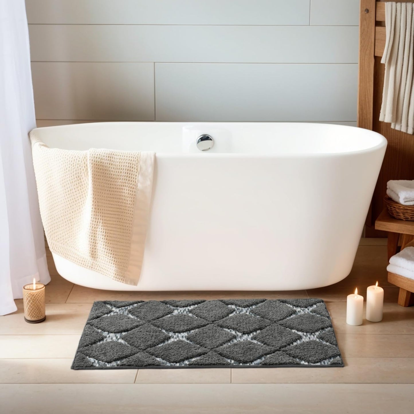 VivaNest 3D Luxury Rhombus Charcoal Grey Ombre Geometric Bathroom Mat, 20"x32" Extra Soft and Absorbent Microfiber Bath Rug, Non-Slip TPR Back, Plush Shaggy Bath Carpet for Floor