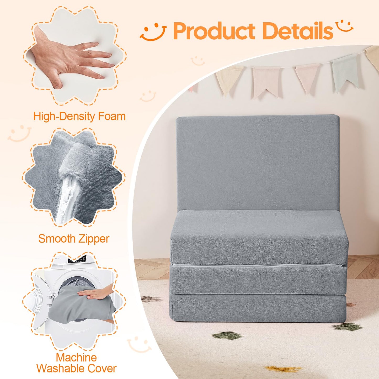 MeMoreCool Kids Folding Mattress, Trifold Mat Foldable Floor Mattress with Washable Cover and Carry Bag, Portable Foam Floor Mat for Kids, Daycare, Sleepover, Camping and Travel, Light Grey