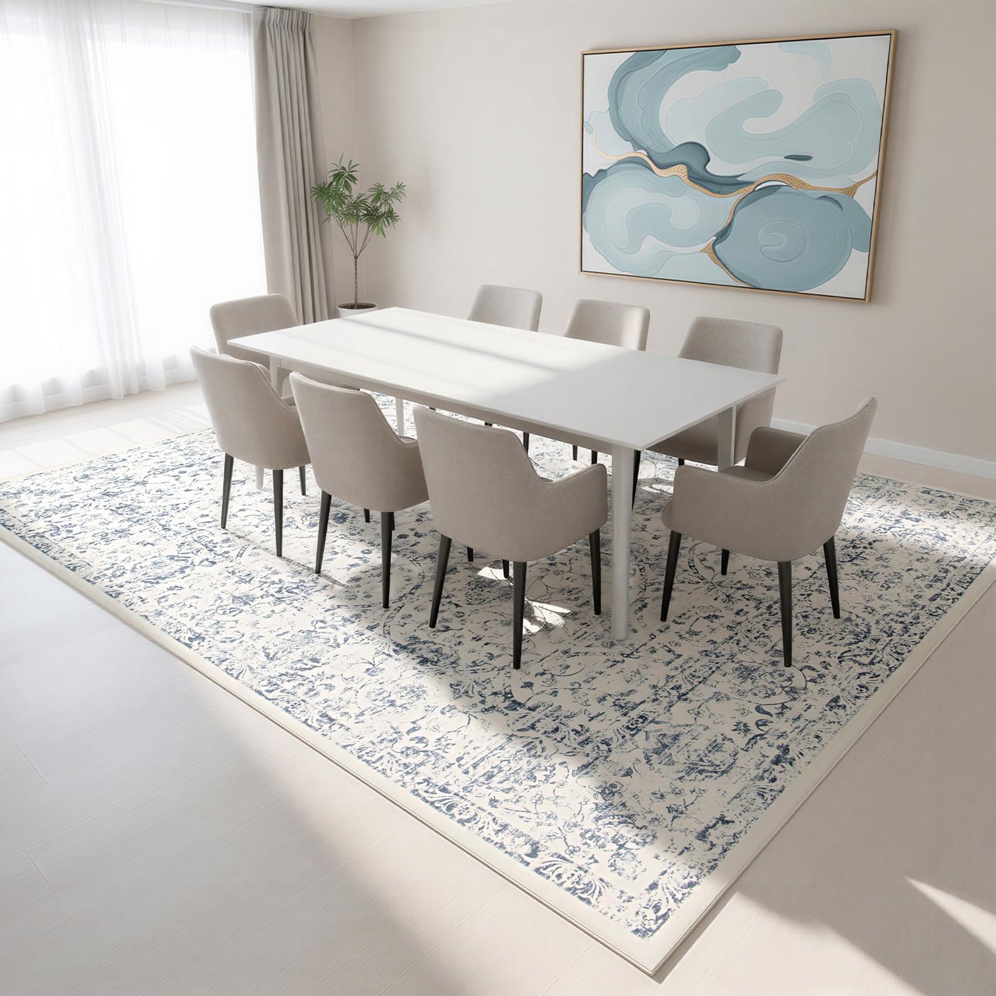 Lbris Washable Rugs 8x10 Area Rugs for Living Room- Large Vintage Rugs for Bedroom,Dining Room,Ultra Soft Low Pile Foldable Carpet with Non Slip Rubber Backing,Neutral Accent Rug(White-Blue)