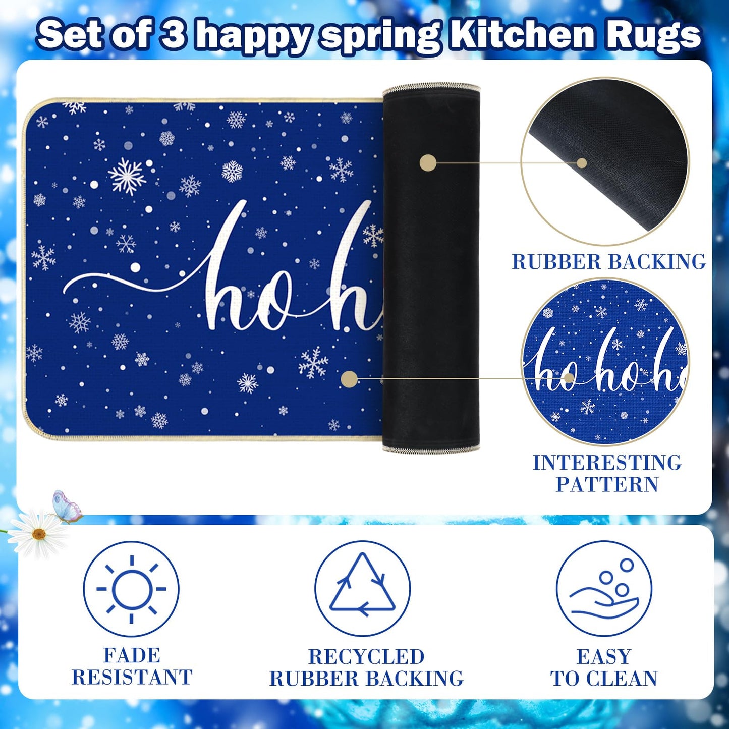 Tinideya 3 Pcs Navy Blue Merry Christmas Snowflakes Kitchen Rugs HOHOHO Let It Snow Blue Kitchen Mats Santa Christmas Decorations Village Indoor Floor Mat for Home Bathroom Decor 16.5 x 31/47/ 59 Inch