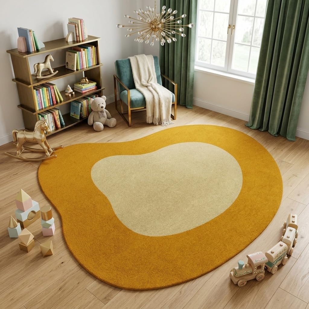 Mustard Yellow Beige Modern Abstract Irregular Area Rug 6ft Unique Design Irregular Shaped Rugs for Living Room Bedroom Playroom Pet Friendly Carpet Boho Under Dining Table Non Slip Easy Clean Mats