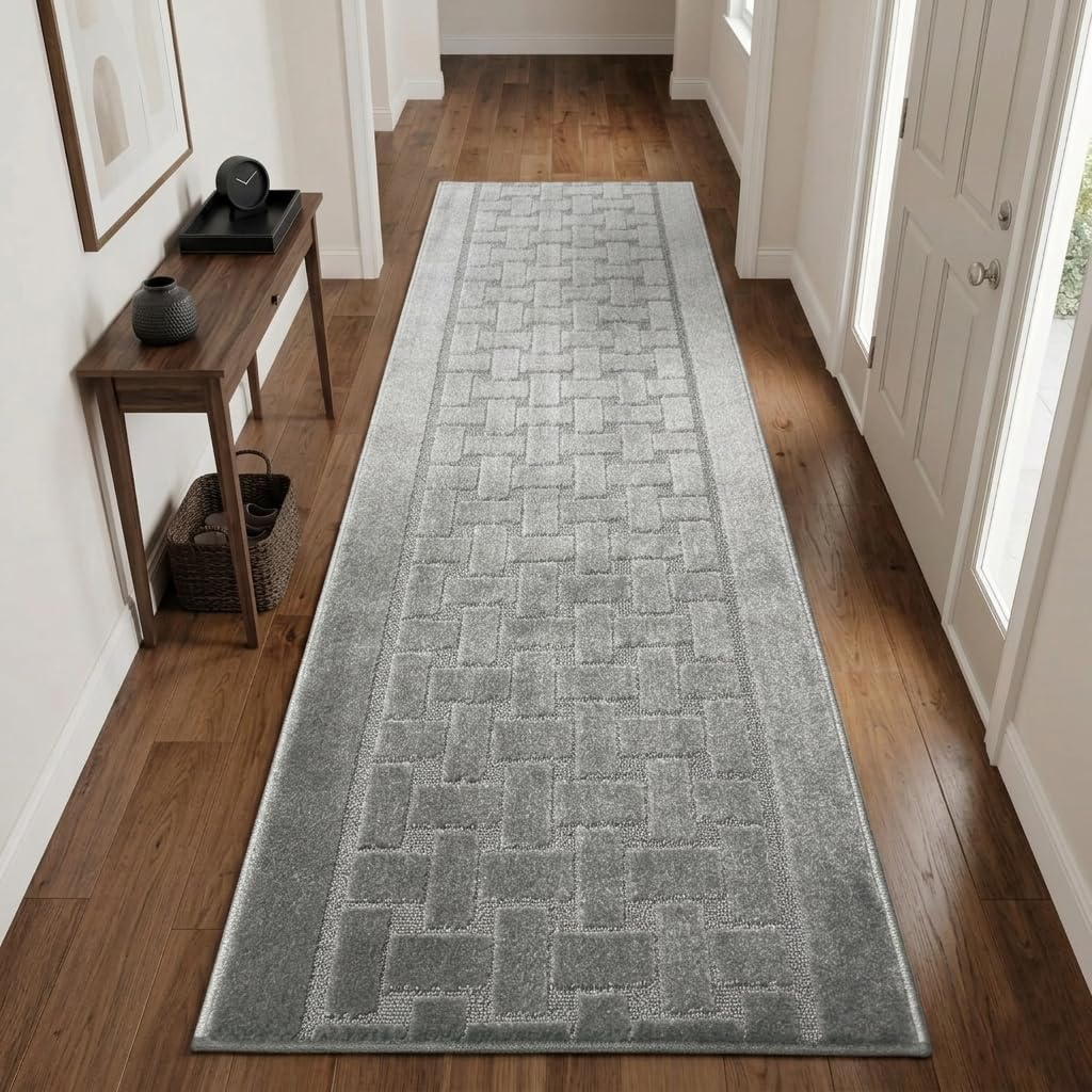 Runner Rug 15 ft, Non-Slip Washable Rug, Grey Textured Carpet for Kitchen Hallway Entryway, Rubber Backing, Indoor, Rolled in Box (26" x 15'), Custom Length Floor Runner