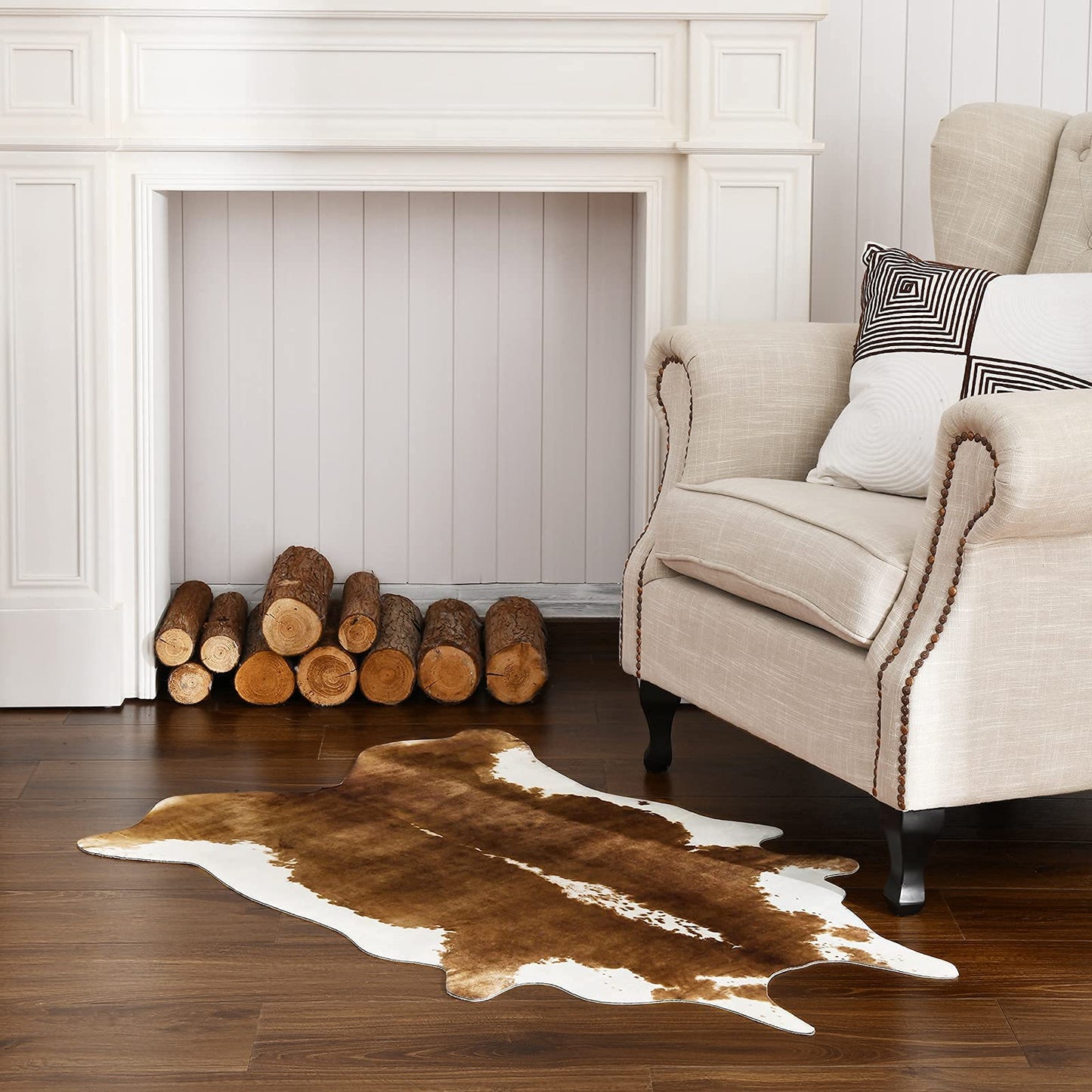 HOMORE Cowhide Rug, Cute Cow Print Rug for Living Room Faux Cow Hide Animal Print Carpet for Bedroom Office Table, 3.6 x 2.3 Feet, Khaki Brown