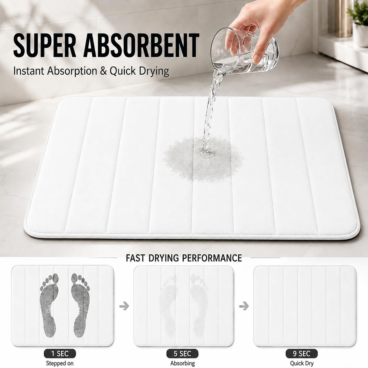 Flotstiga Memory Foam Bath Mat Set 3 Piece，Super Soft Absorbent Bathroom Rug Non Slip, Quick Dry,Machine Wash, Perfect Plush Bathroom Rugs,Home Decor Accessories,White