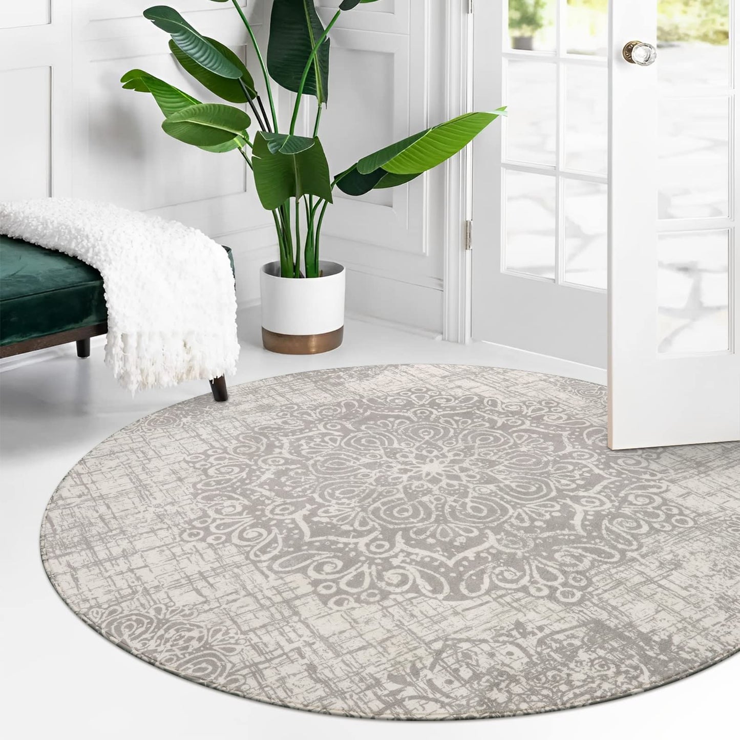Lahome Medallion Round Rug - 5ft Machine Washable Round Bedroom Rugs Grey Non-Slip Throw Round Rugs for Living Room Vintage Distressed Circle Dinning Room Rug Large Round Carpet for Kitchen Office