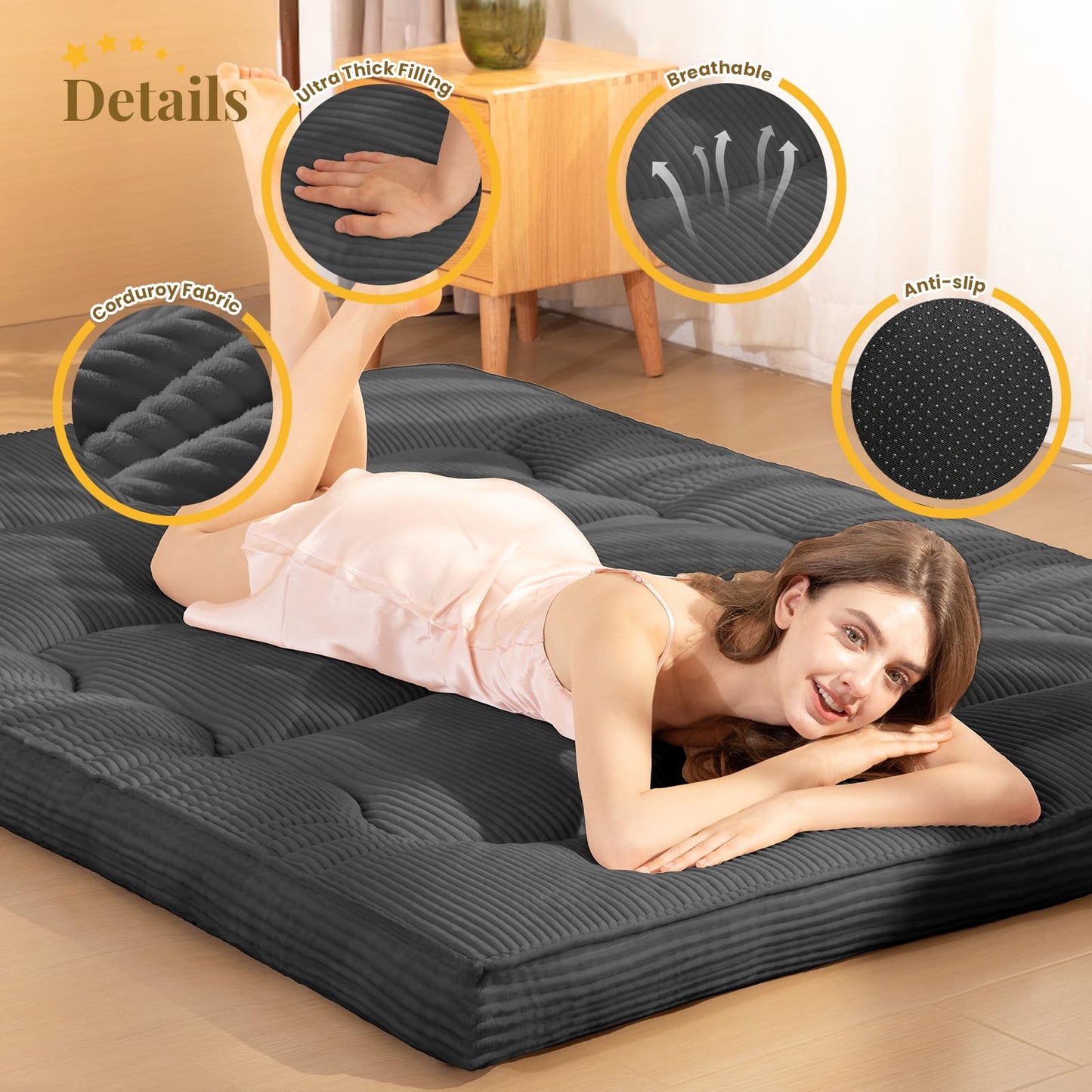 NLDD Futon Mattress Queen Size, 4" Thicken Japanese Futon Mattress Sleeping Pad, Corduroy Foldable Floor Mattress, Roll Up Tatami Mat for Adults Guest Room Bedroom, Grey