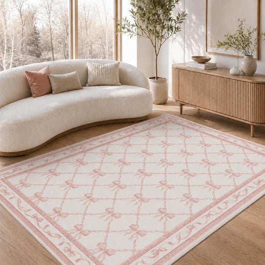 GENIMO 5X7 Pink Rug for Girls Bedroom, Machine Washable Nursery Light Pink Pastel Area Rug, Bow Pattern Floral Soft Cute Low Pile, for Teen Room Living Room, Playroom Dorm Room Home Decor