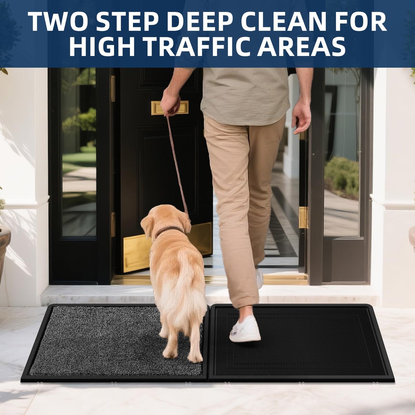 BEHERO Front Door Mat Outside Entrance - 2-in-1 Wet & Dry Dual Deep Cleaning Shoe Mats, Heavy Duty Indoor and Outdoor Welcome Matt, 16" x 47"/24" x 31.5" Variable-Size Disinfectant Mat for Entryway