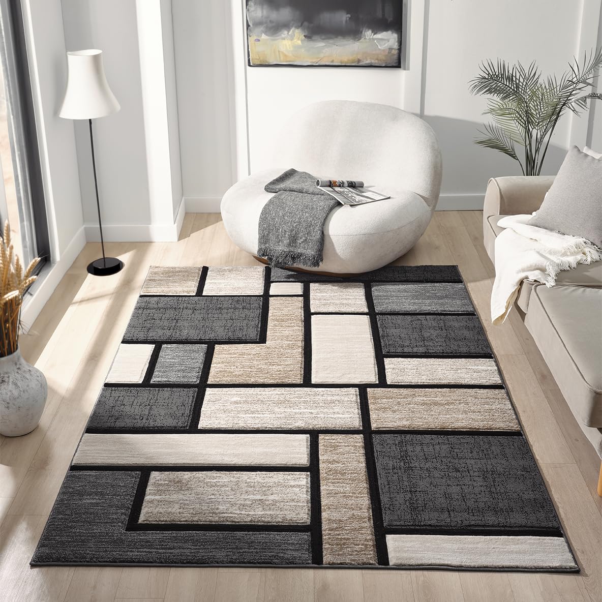 HADBA Modern 5x7 Sand Geometry Living Room Rug - Area Rugs for Living Room Dining & Bedroom - Hand Carved Runner Carpet - Durable Polyester - Non-Fade Stain-Resistant - Turkish Made