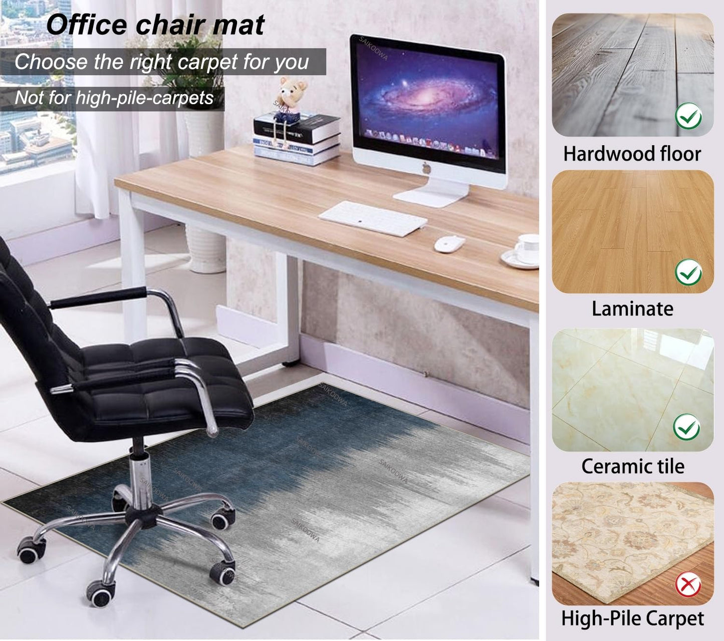 Chair Mat for Hardwood Floor,48"*36" Rolling Computer Chair Mat for Hard Wood and Tile Floor,Anti-Slip Floor Protector for Home Office Abstract Blue Grey