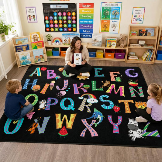 ABC Alphabet Rug, Classroom Playmat Rugs - 5x7 Ft Kids Carpet with Rubber Backing, Colorful Cartoon Letters Kids Play Mat Nursery Rugs for Bedroom Playroom - Black