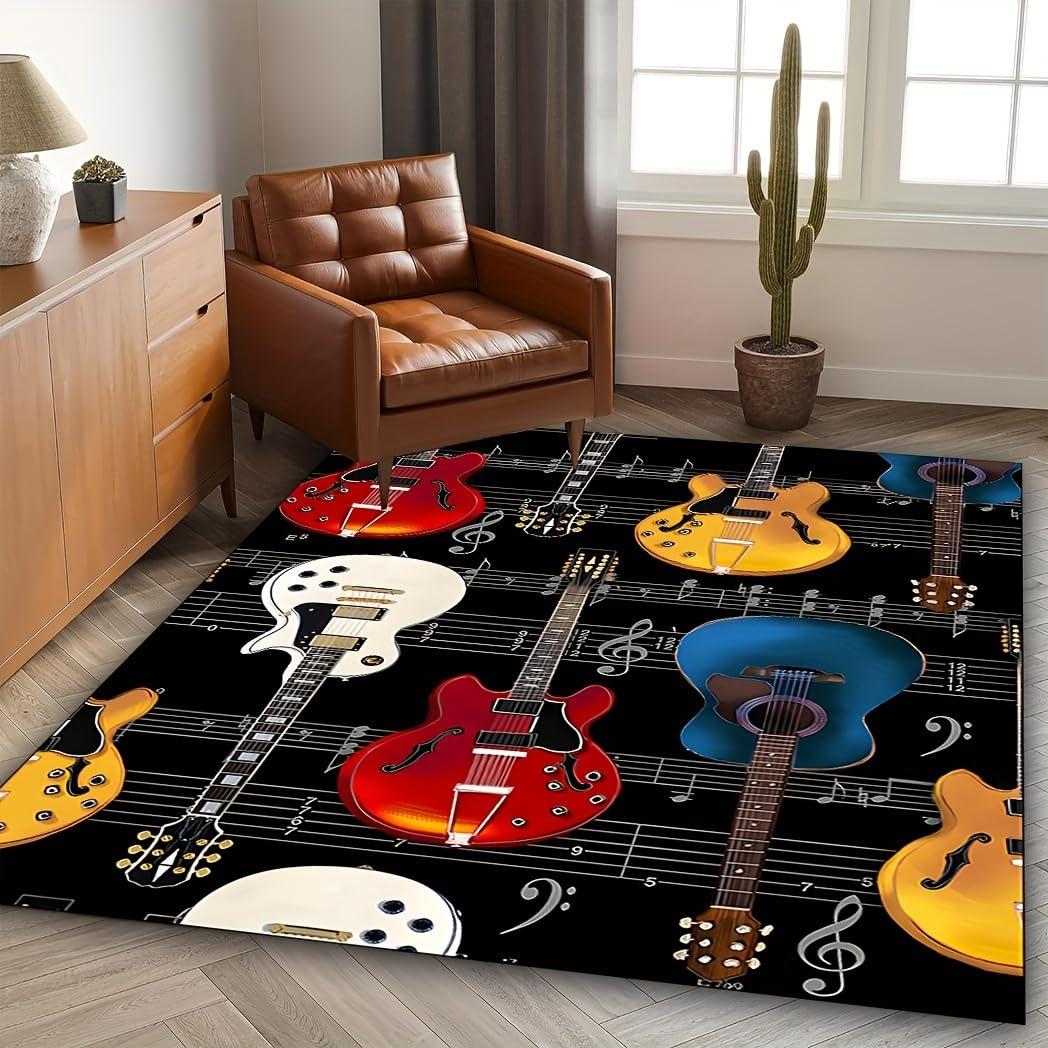 Guitar Print Living Room Rug, 3x4ft, Rock Music Guitar Bass Indoor Rugs, Cozy Thin Fade Resistant Home Decor Rug, Foldable Soft Durable Non Skid Washable Carpets for Kids Teen Bedroom