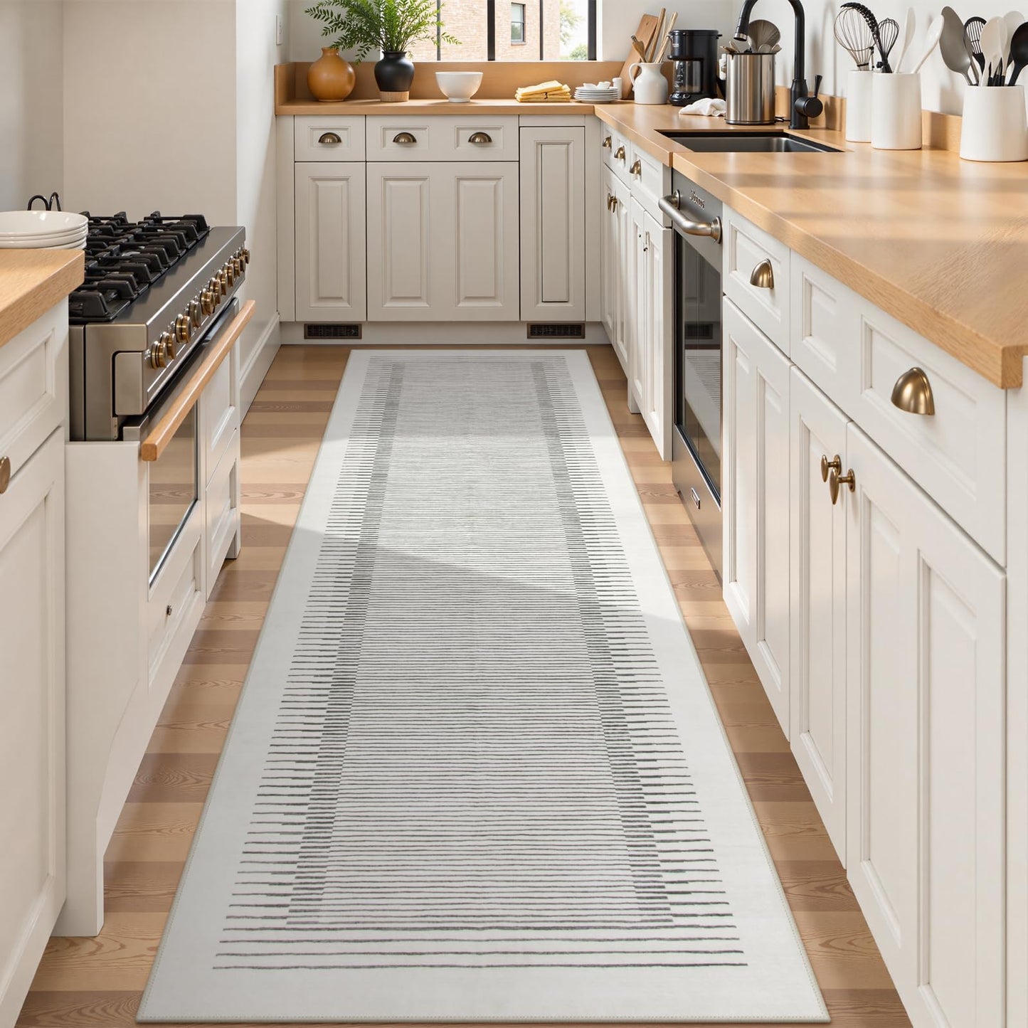 Morebes Modern White 2.5x8 Hallway Runner Rug, Berber Striped Kitchen Rugs Non Slip Washable Runner Rug, Soft Low Pile Indoor Floor Carpet for Bathroom Bedroom Laundry