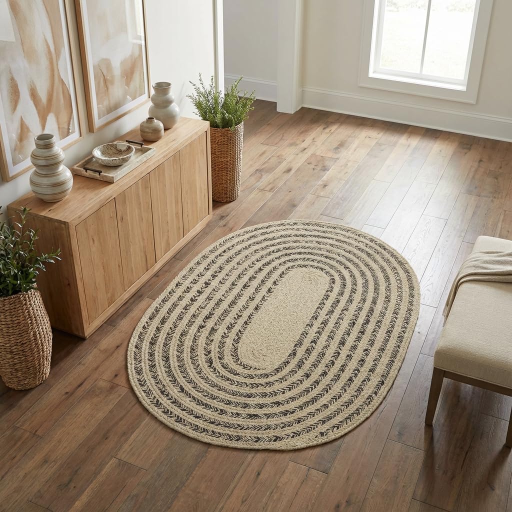 Cotton Braided Rug - 4' x 6' Beige and Brown Oval Woven Farmhouse Rug for Bedroom - Braided Minimalist Rugs for Living Room - Rustic Primitive Rugs for Breakfast Nook