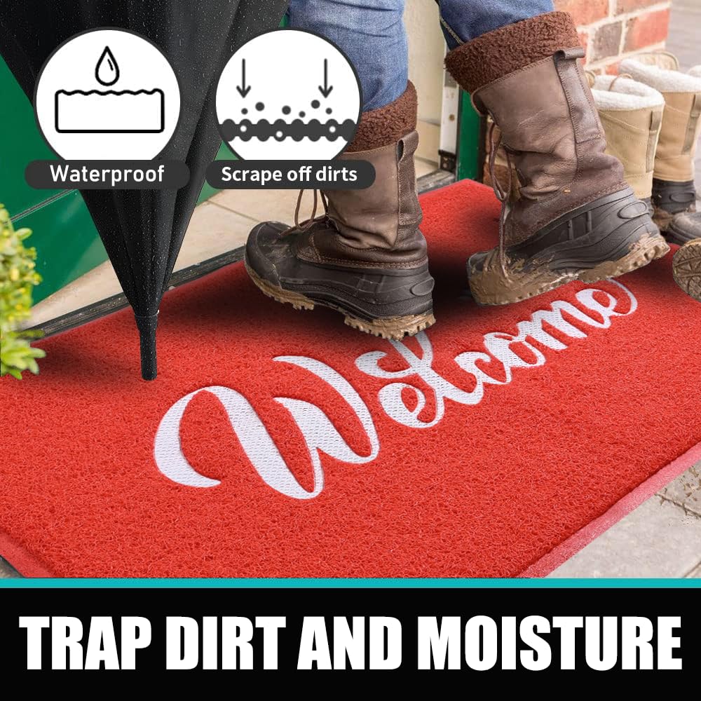 T.HENV Welcome Mat - Outdoor, 36x24 Waterproof All-Season Door Mat, All-Weather Quick Drying, Low Profile, Red-White