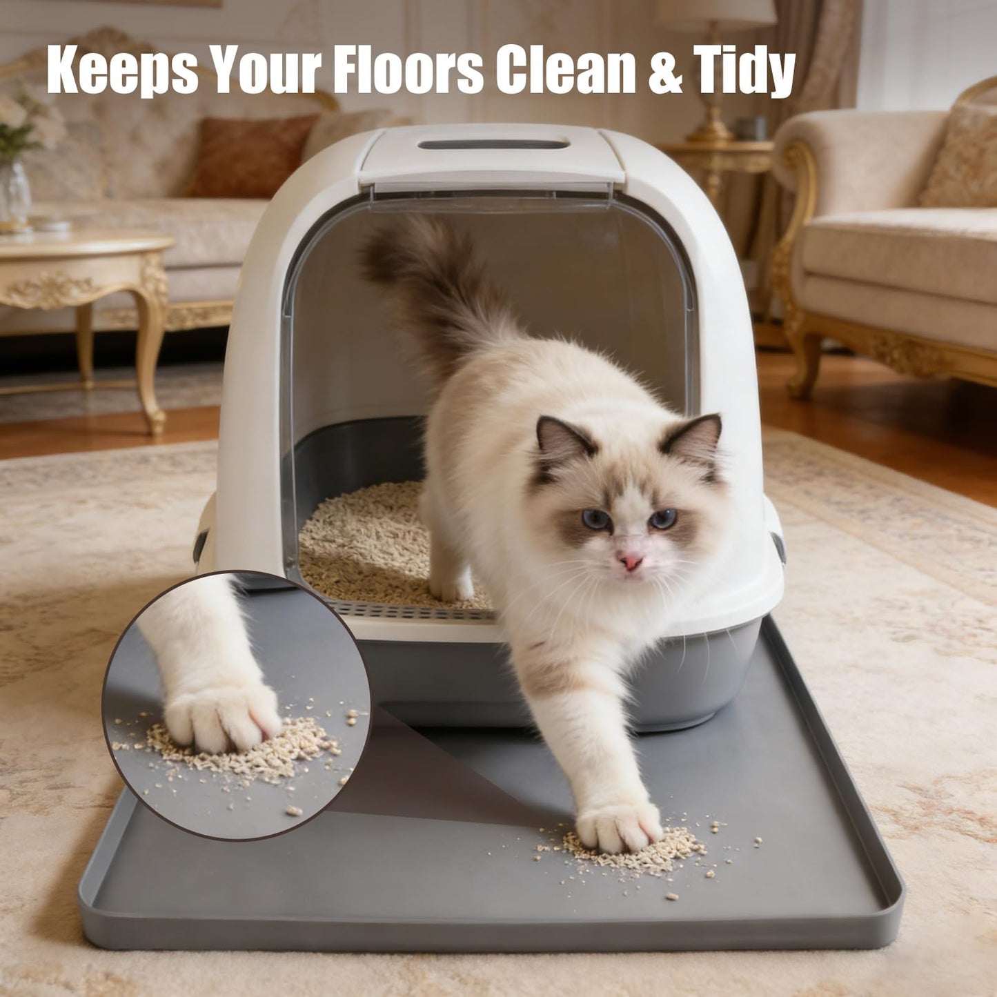 Silicone Cat Litter Mat 24x20 in Waterproof Litter Box Mat Leak-Proof Thick Under Kitty Litter Box Feeding Tray with Raised Edges for Floor Carpet, Grey