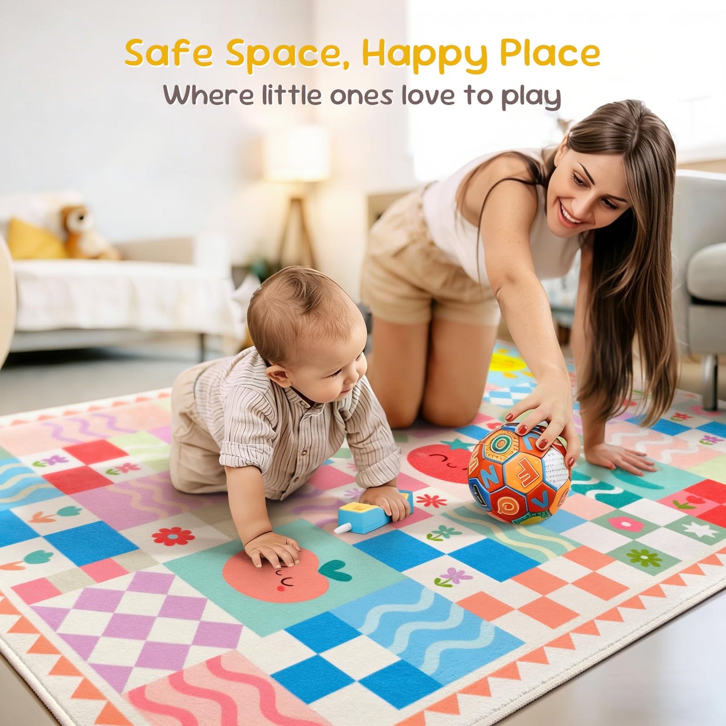 5x7 Washable Kid Bedroom Rug for Girls, Pink Baby Nursery Area Rug, Soft Non-Slip Toddler Playroom Carpet, Cute Colorful Strawberry Fruit Rainbow Checkered