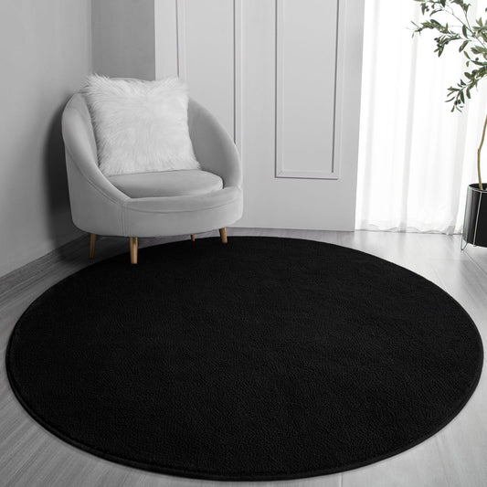 FlyDOIT Round Area Rugs for Bedroom Living Room, 4x4 Black Super Soft Comfy Thickened Memory-Foam Indoor Circle Carpet, Modern Aesthetic Minimalist Carpet for Boys Girls Adults Nursery Home Décor