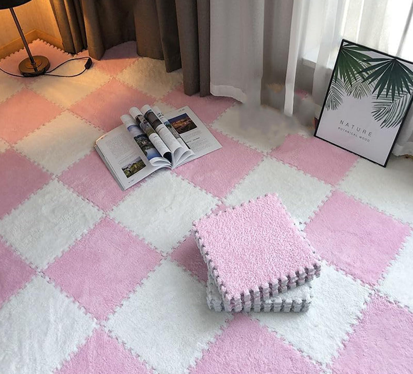 10pcs Plush Foam Floor Mat, Cuttable Play Mat Color Blocking Plush Puzzle Interlocking Square Carpet Tile Flooring Climbing Area Rugs for Home Playroom (Pink White)