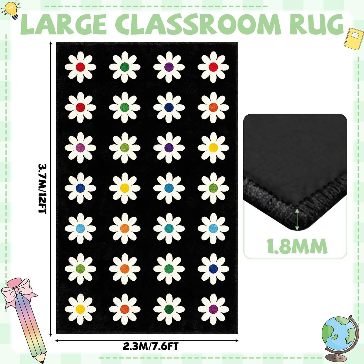 7.6x12 ft Large Daisies on Black Classroom Rug Daisy Educational Area Mat Daisy Flowers Multicolor Play Carpet Educational Classroom Learning Mat for Preschool Playroom Elementary Kindergarten(Black)