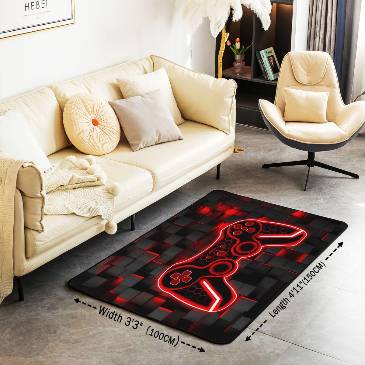 Feelyou Kids Gamer Area Rug 3x5 Red and Black Rugs for Living Room Bedroom for Boys Teens Room Decor Gaming Ombre Decorative Rug Set Geometric Square Indoor Floor Mat
