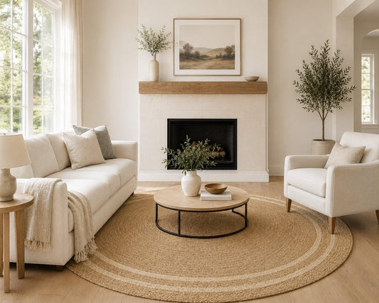 GRUHUM Handwoven 3ft Jute Area Rug- Natural Fiber Cotton Round Boho Farmhouse Rustic Vintage Soft Braided Reversible Eco-Friendly Rugs-Indoor Kitchen Bedroom Living Room Hallways (3' ft Round)