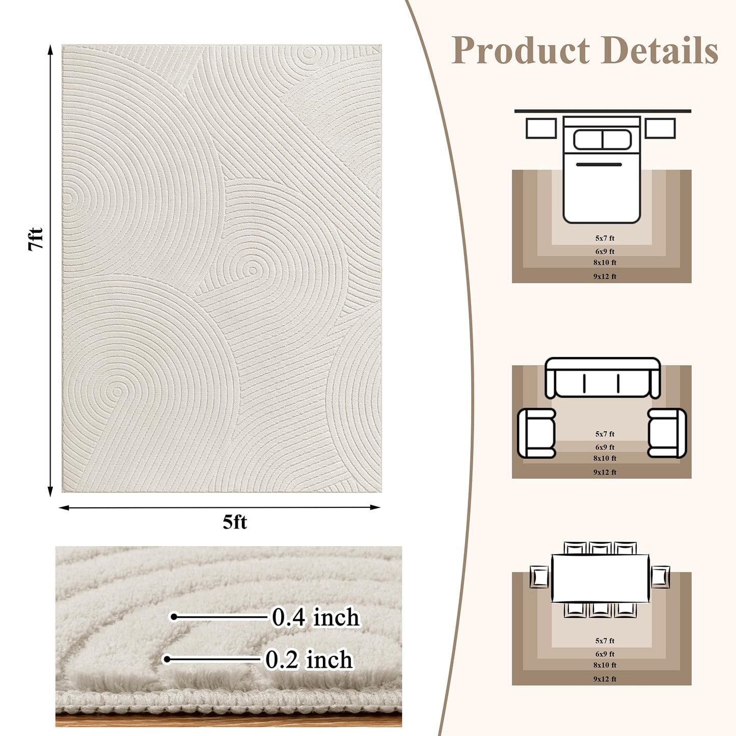 U'Artlines 5x7ft Washable Area Rug for Living Room, Minimalist Modern High-Low Pile Rug for Bedroom, Non Slip Soft Cozy Fluffy Large Carpet for Dining Area, Kids Nursery Room