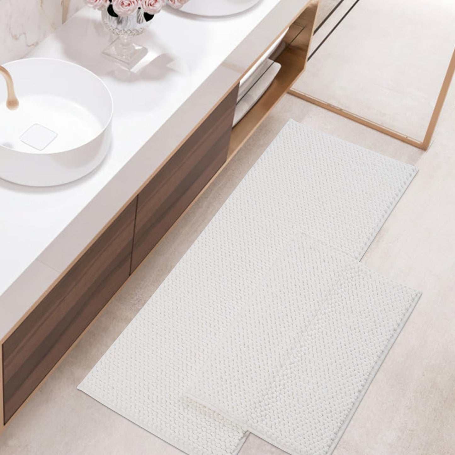 FRESHMINT Chenille Bathroom Rugs Sets 2 Piece 17"x24"+20"x47", Non-Slip Bath Mats Set for Bathroom, Absorbent Bath Rug, Washable Set of 2 Shower Floor Mat Runner, White