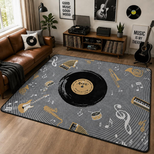 Music Note Area Rug, Vintage Black Music Record Rugs, Non-Slip Floor Mat Soft Carpet for Living Room Bedroom Apartment Dorm Home Decor 5'x7', Yellow/Black