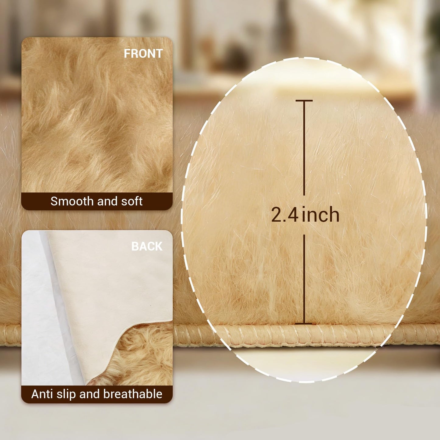 TUOTPE Ultra Soft Faux Fur Rug, Fluffy Shaggy 2 x 3 Ft Sheepskin Fur, Beige Plush Faux Area for Bedroom Nursery Living Room