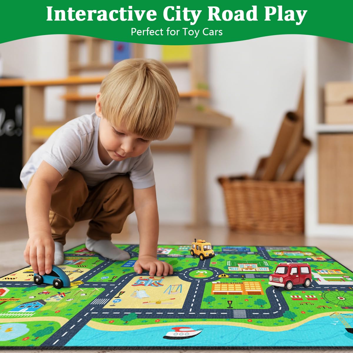 Road Rug for Kids 2×3 Ft - Car Track Road Map Play Mat, City Traffic Learning Carpet, Smooth Low-Pile with TPR Non-Slip Backing for Playroom