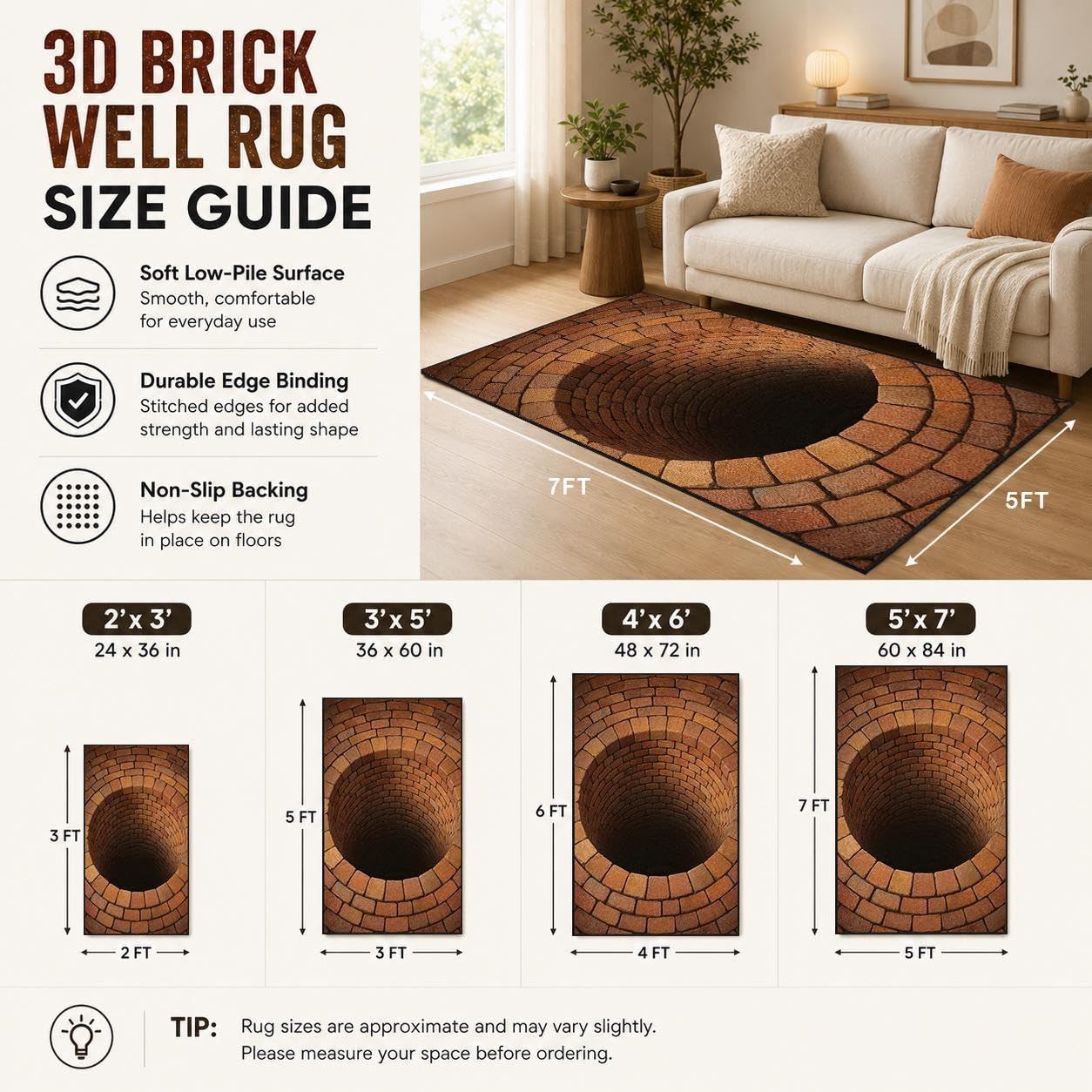 CASAVAINE 3D Optical Illusion Vortex Rug 5'x7' Realistic Brick Well Hole Design, Soft Non-Slip Washable Area Rug for Living Room, Bedroom, Game Room Decor, Fun Modern Decor